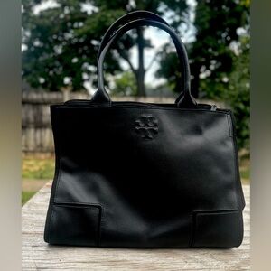 Tory Burch Ella Canvas Black Leather Tote Large Laptop Work Bag